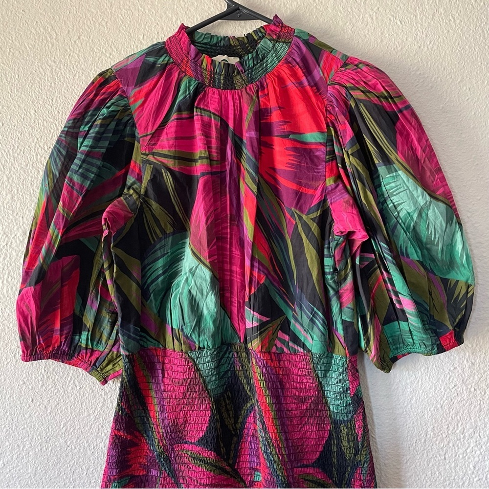 FARM Rio Midnight Leaves Mini Dress Women’s S Smocked Ruffle Puff Sleeve Cotton - Picture 4 of 16